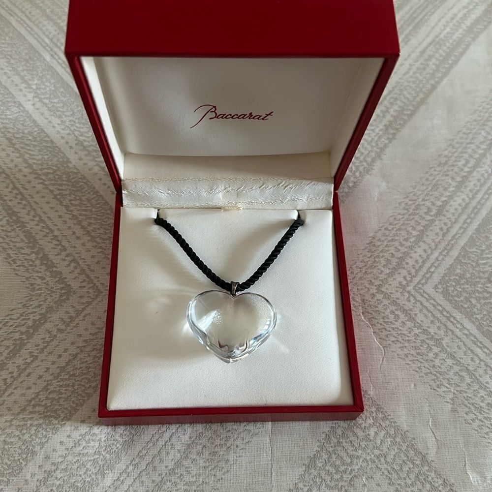 Baccarat Clear Crystal Heart Necklace on Cord 16” Silver Clasp, Includes Box